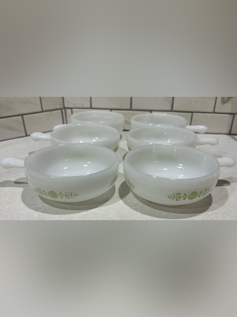 6 -Glasbake Milk Glass Handled Soup Bowl Green Daisy Floral J-2639 MCM USA VTG